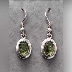 Natural Moldavite Stone Earrings 925 Silver Rough Bezel-Set | Cosmic Energy #566